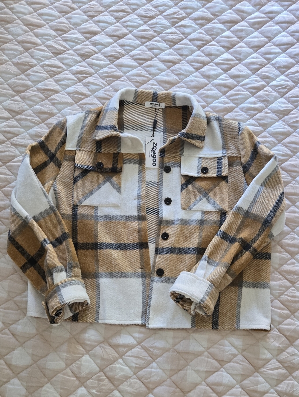 Plaid Shacket Jacket in Cream & Tan